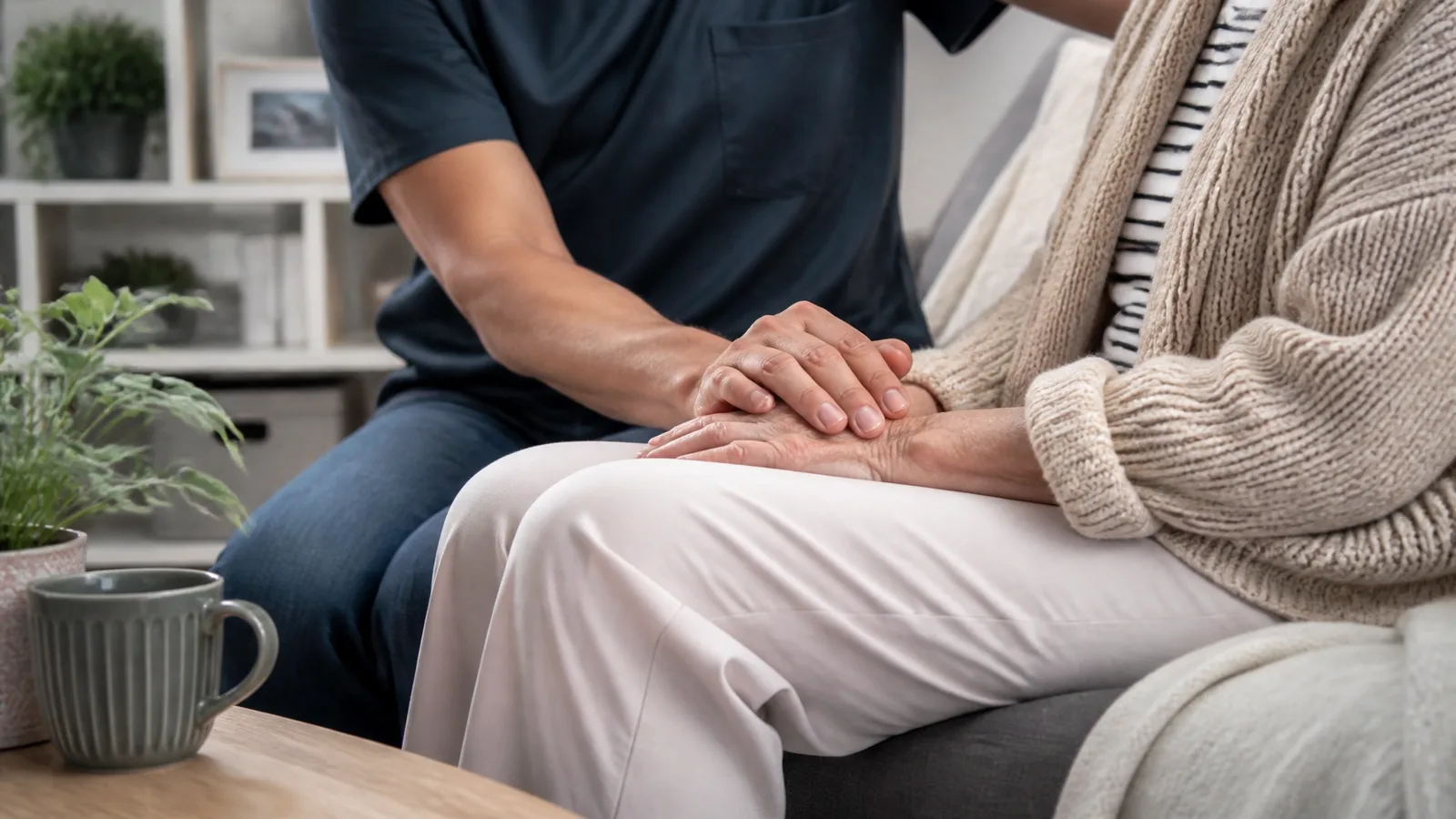 Caregiver sharing a warm moment with an older adult at home